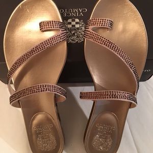Vince Camuto Crystal embellished toe loop sandal.
